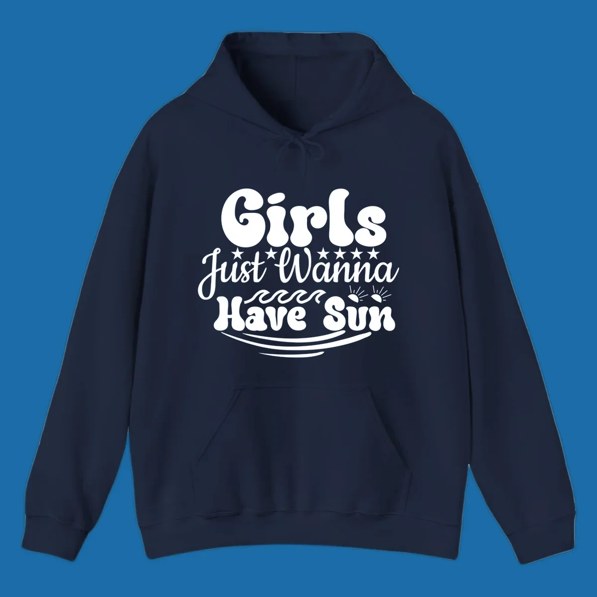 Girls Just Wanna Have Sun retro design with stars, waves, and sun graphics.