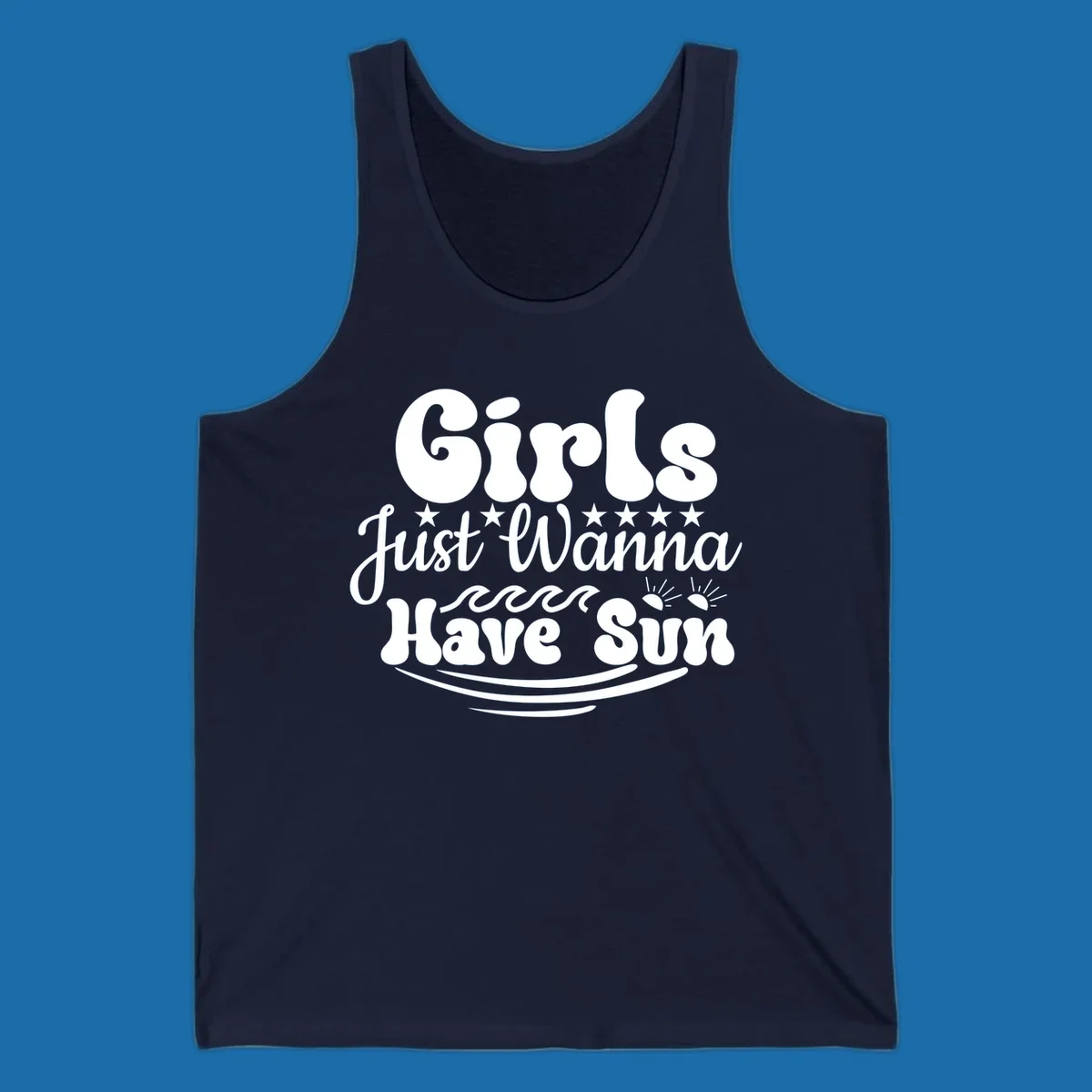 Girls Just Wanna Have Sun retro design with stars, waves, and sun graphics.