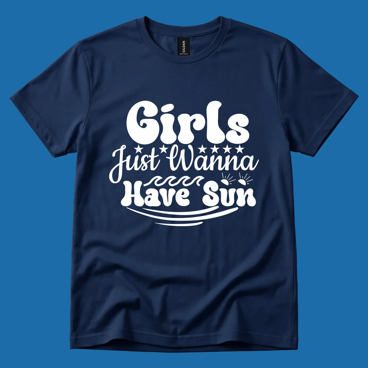 Girls Just Wanna Have Sun retro design with stars, waves, and sun graphics.