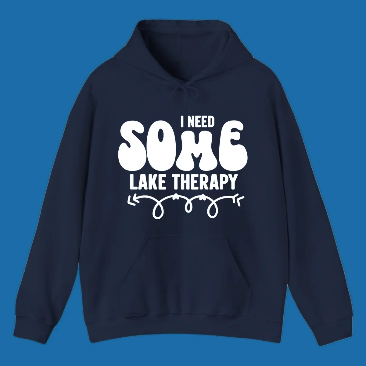 White "I Need Some Lake Therapy" text design with decorative wavy arrow line.