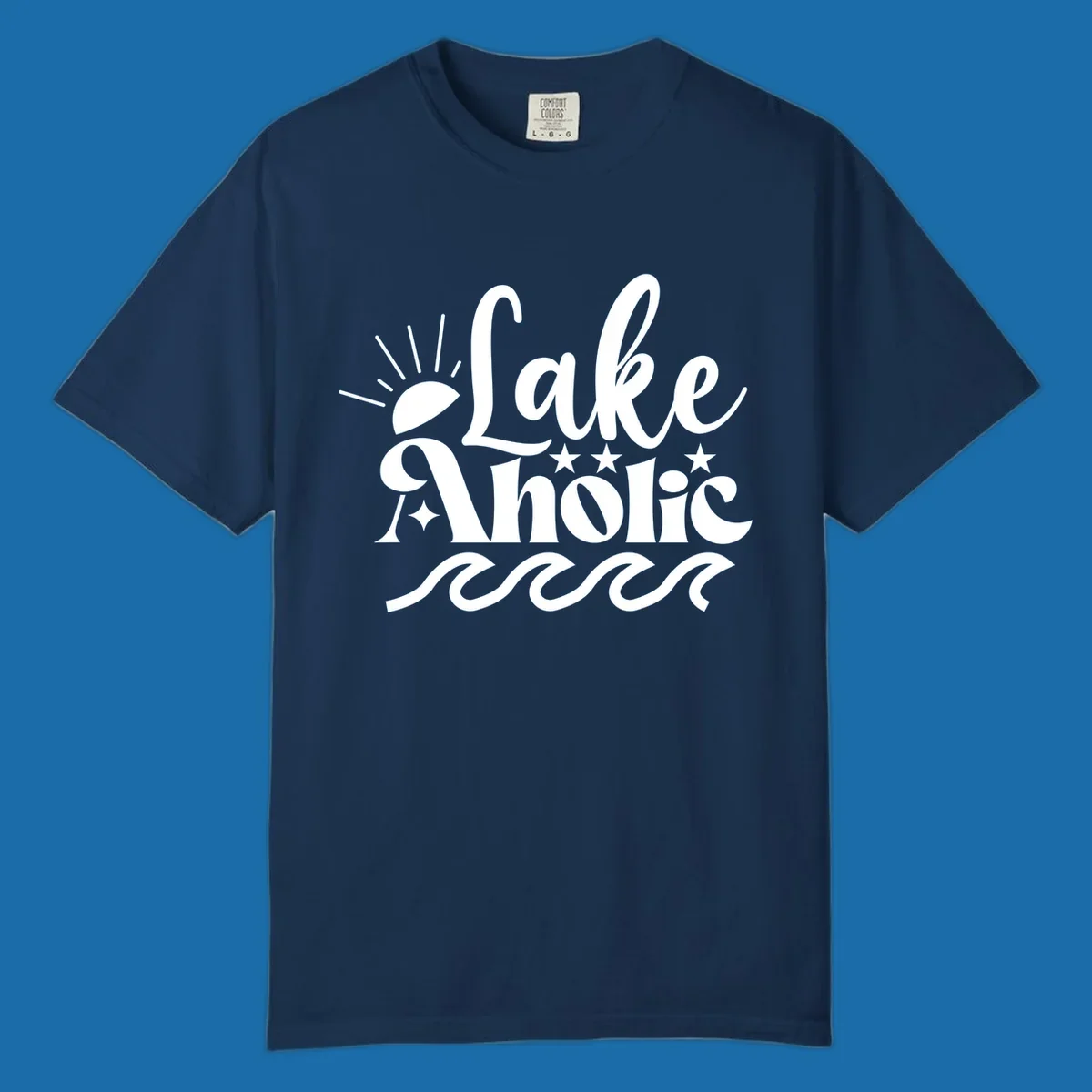 Lake aholic retro script design with sun, stars, and waves.