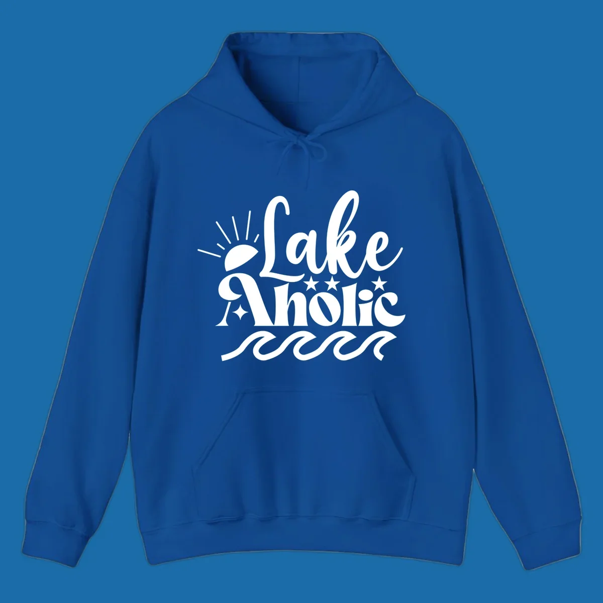 Lake aholic retro script design with sun, stars, and waves.