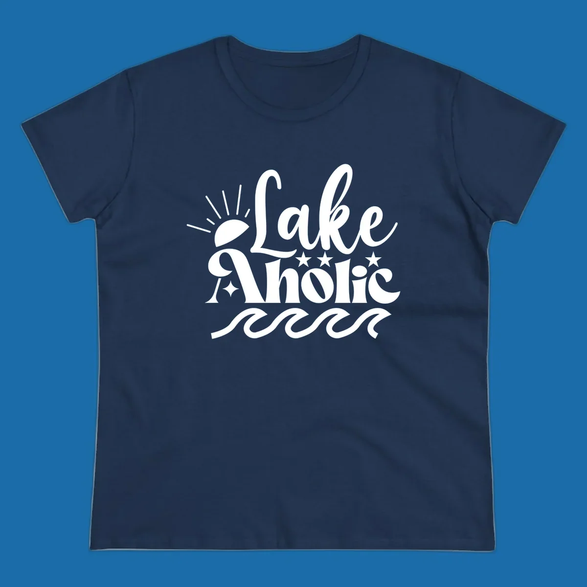 Lake aholic retro script design with sun, stars, and waves.