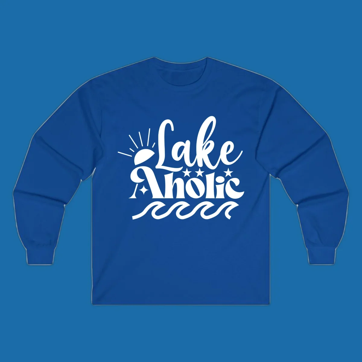 Lake aholic retro script design with sun, stars, and waves.