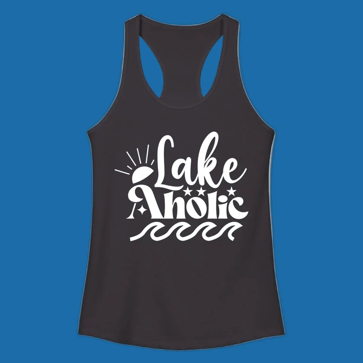 Lake aholic retro script design with sun, stars, and waves.