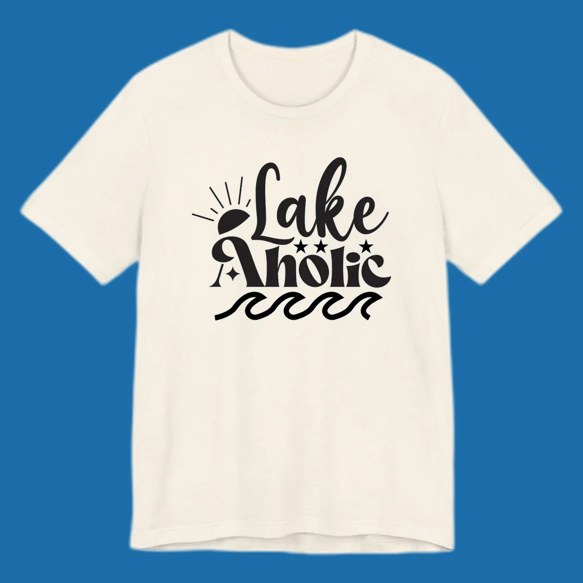 Lake aholic retro script design with sun, stars, and waves.