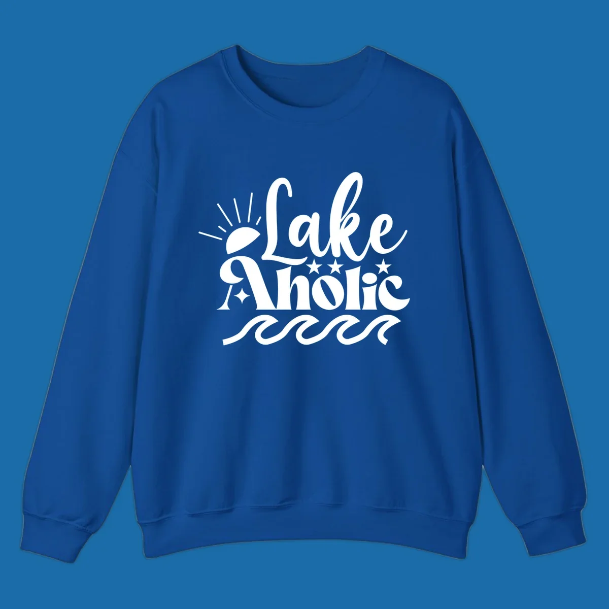 Lake aholic retro script design with sun, stars, and waves.