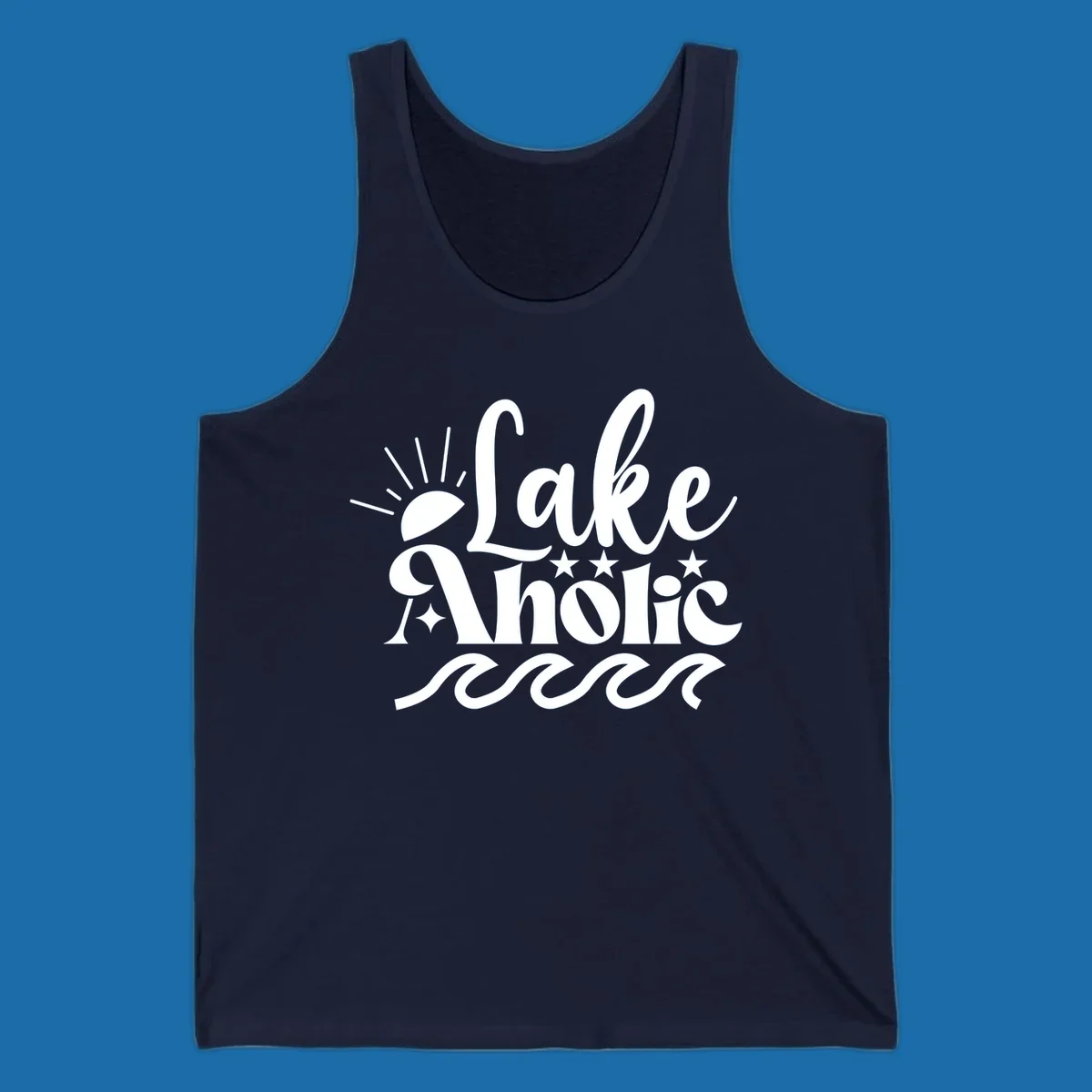 Lake aholic retro script design with sun, stars, and waves.