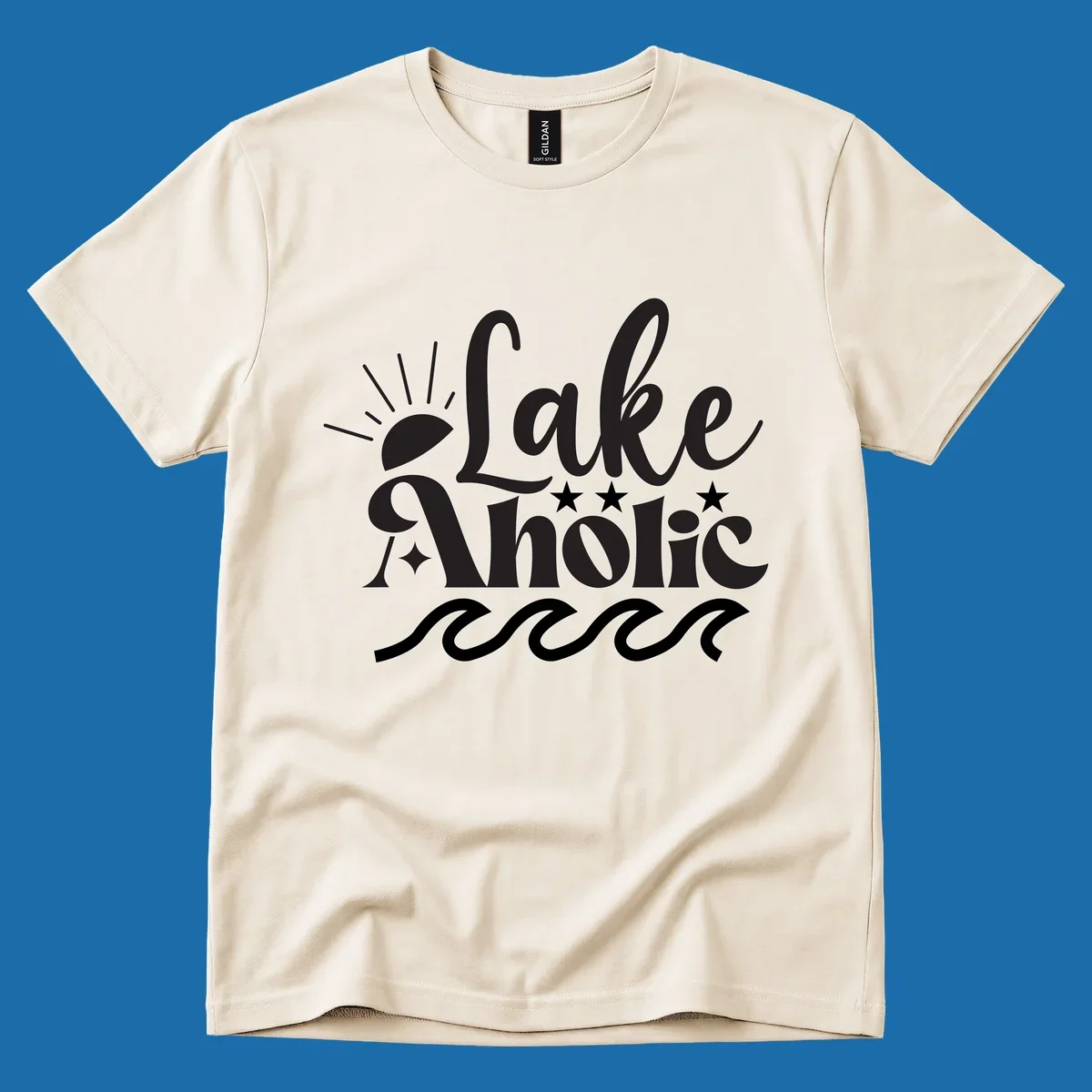 Lake aholic retro script design with sun, stars, and waves.