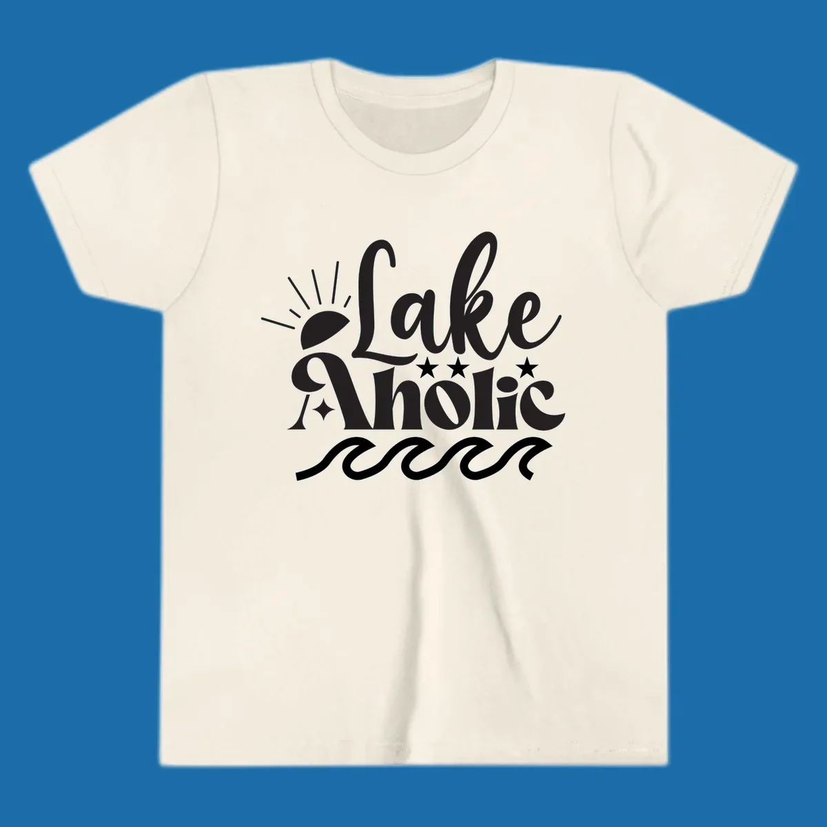 Lake aholic retro script design with sun, stars, and waves.