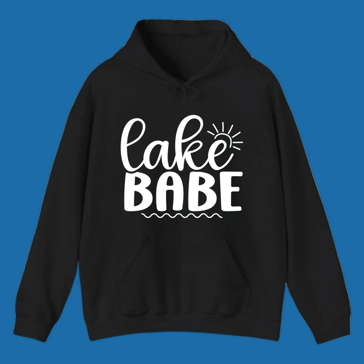 Lake Babe text design with sun rays and wavy lines.