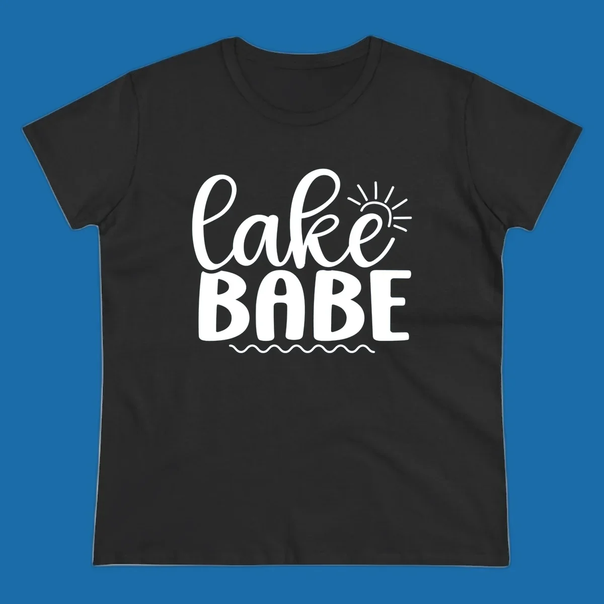 Lake Babe text design with sun rays and wavy lines.