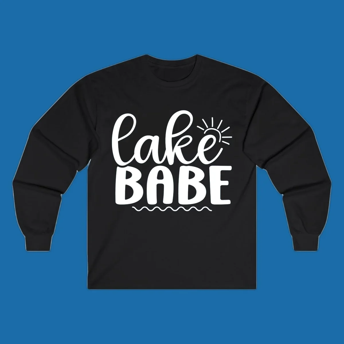 Lake Babe text design with sun rays and wavy lines.