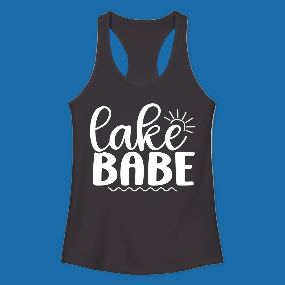 Lake Babe text design with sun rays and wavy lines.