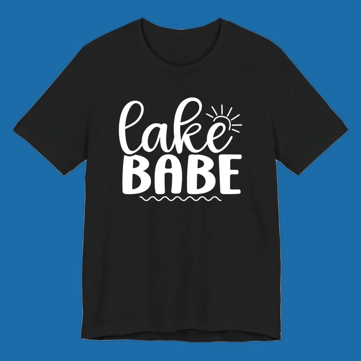 Lake Babe text design with sun rays and wavy lines.