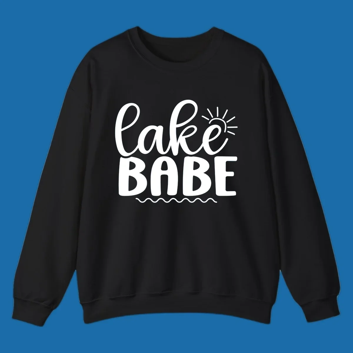 Lake Babe text design with sun rays and wavy lines.