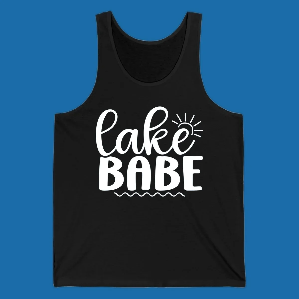Lake Babe text design with sun rays and wavy lines.
