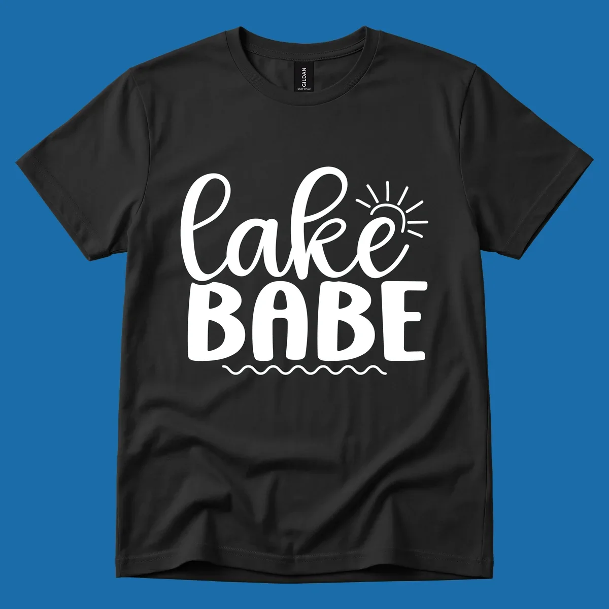 Lake Babe text design with sun rays and wavy lines.