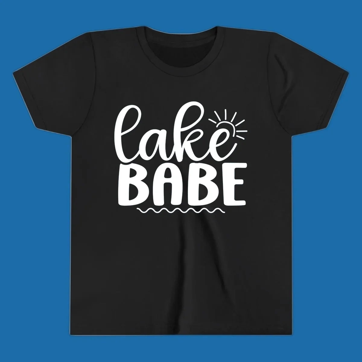 Lake Babe text design with sun rays and wavy lines.