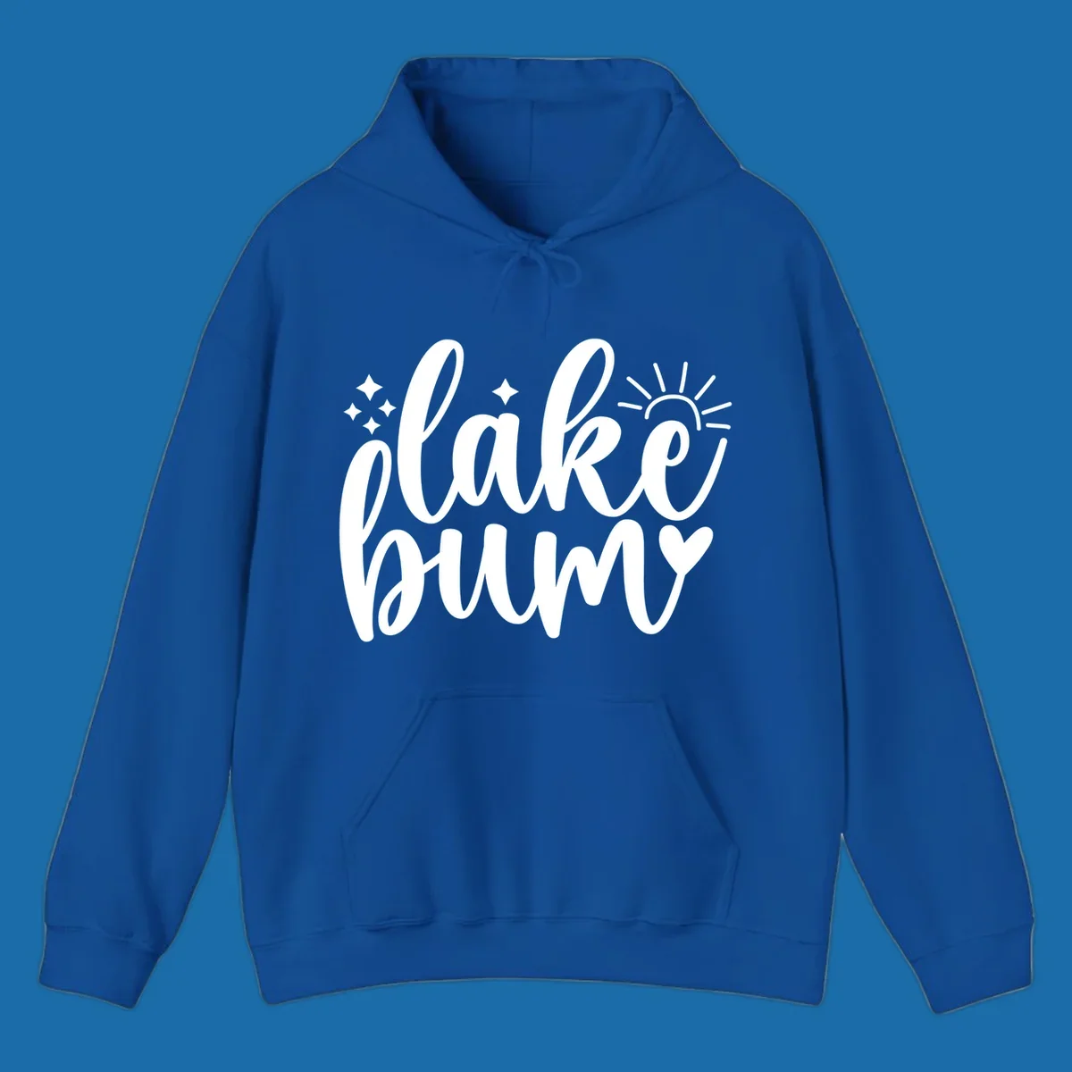 Lake bum text design with sun, sparkles, and heart graphic.
