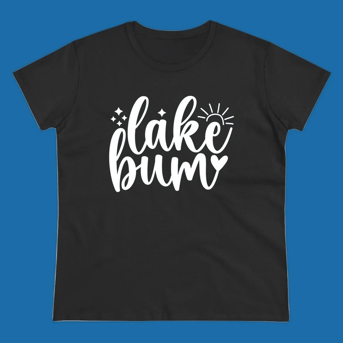 Lake bum text design with sun, sparkles, and heart graphic.