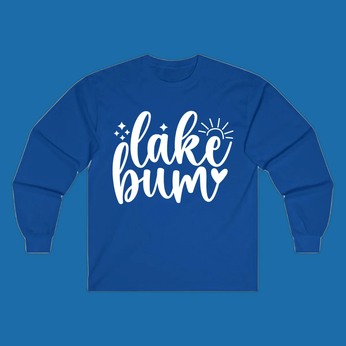 Lake bum text design with sun, sparkles, and heart graphic.