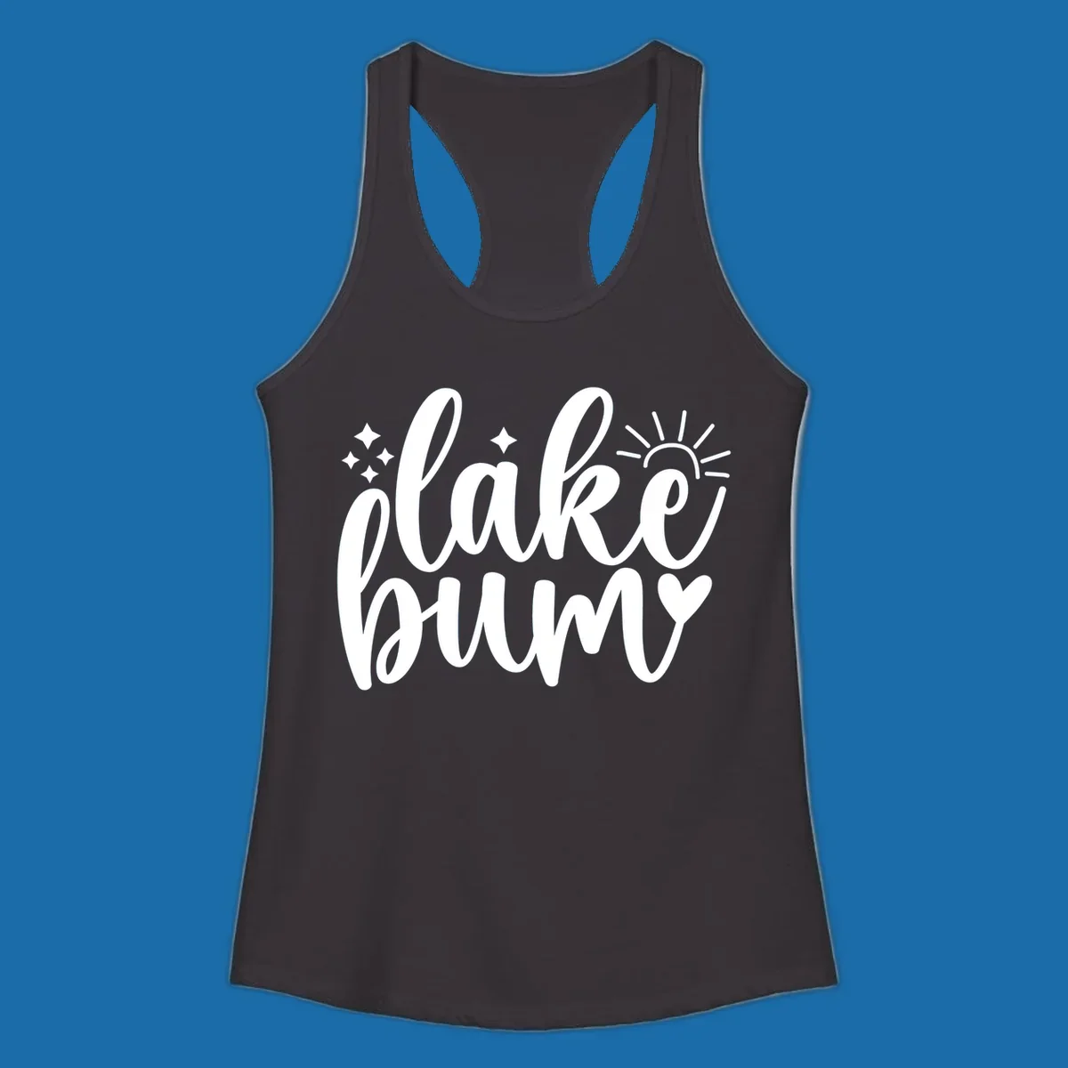 Lake bum text design with sun, sparkles, and heart graphic.