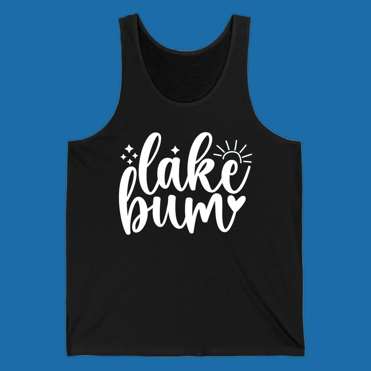Lake bum text design with sun, sparkles, and heart graphic.