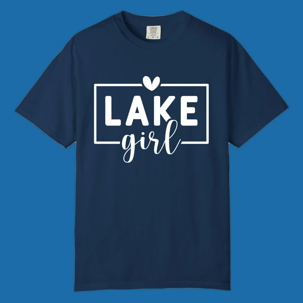 Lake girl text design with heart and border, in white on black background.