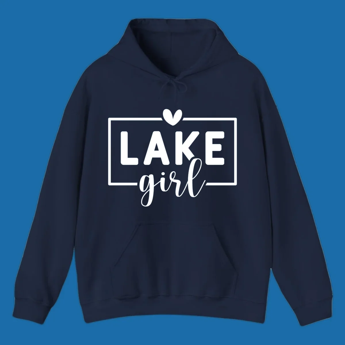 Lake girl text design with heart and border, in white on black background.