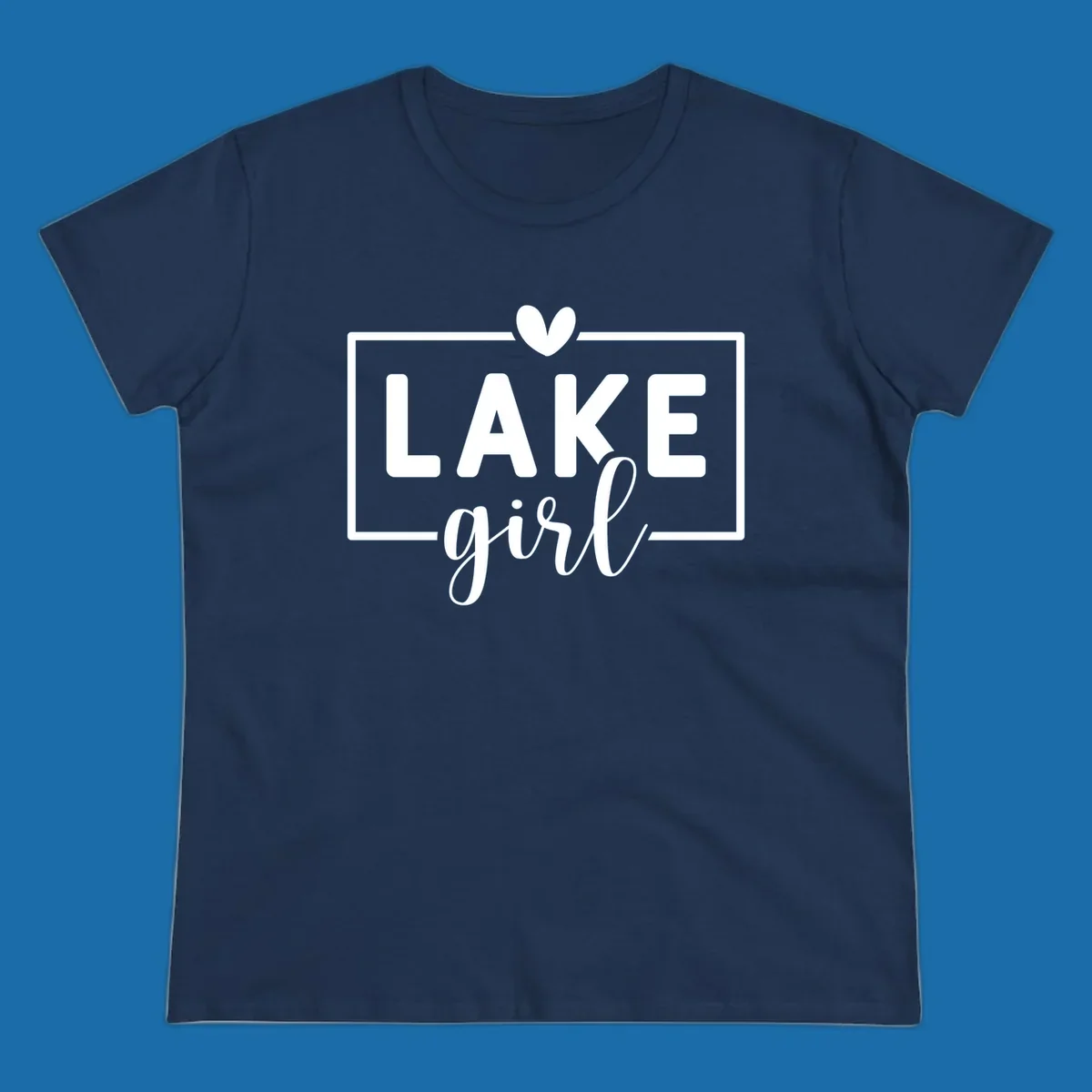 Lake girl text design with heart and border, in white on black background.