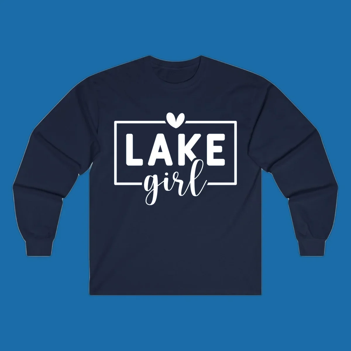 Lake girl text design with heart and border, in white on black background.