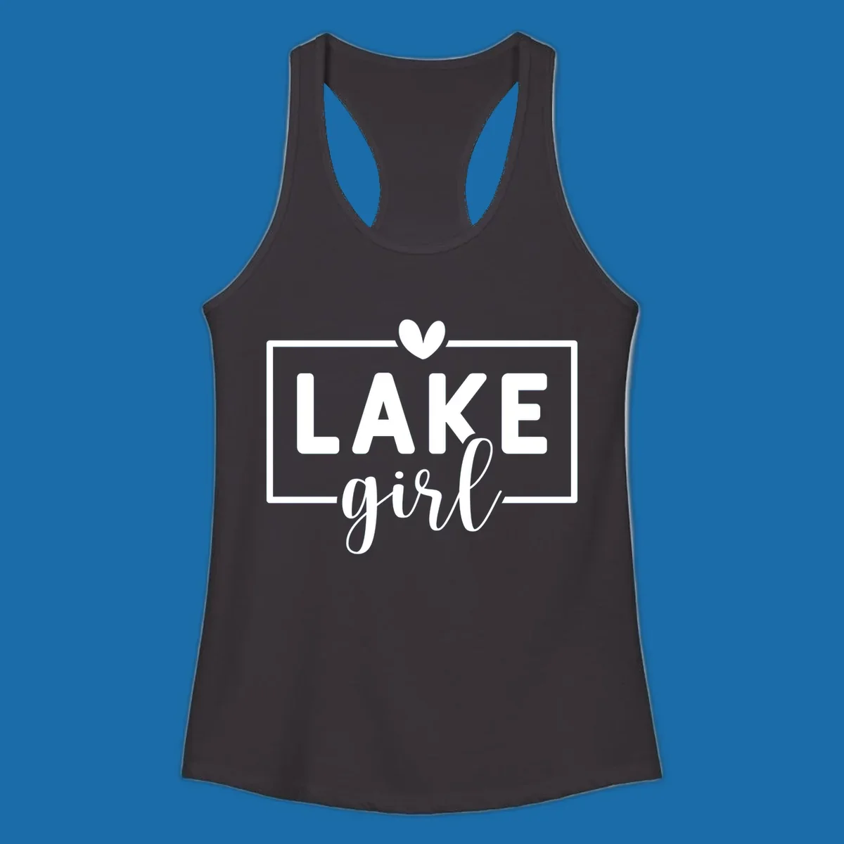 Lake girl text design with heart and border, in white on black background.