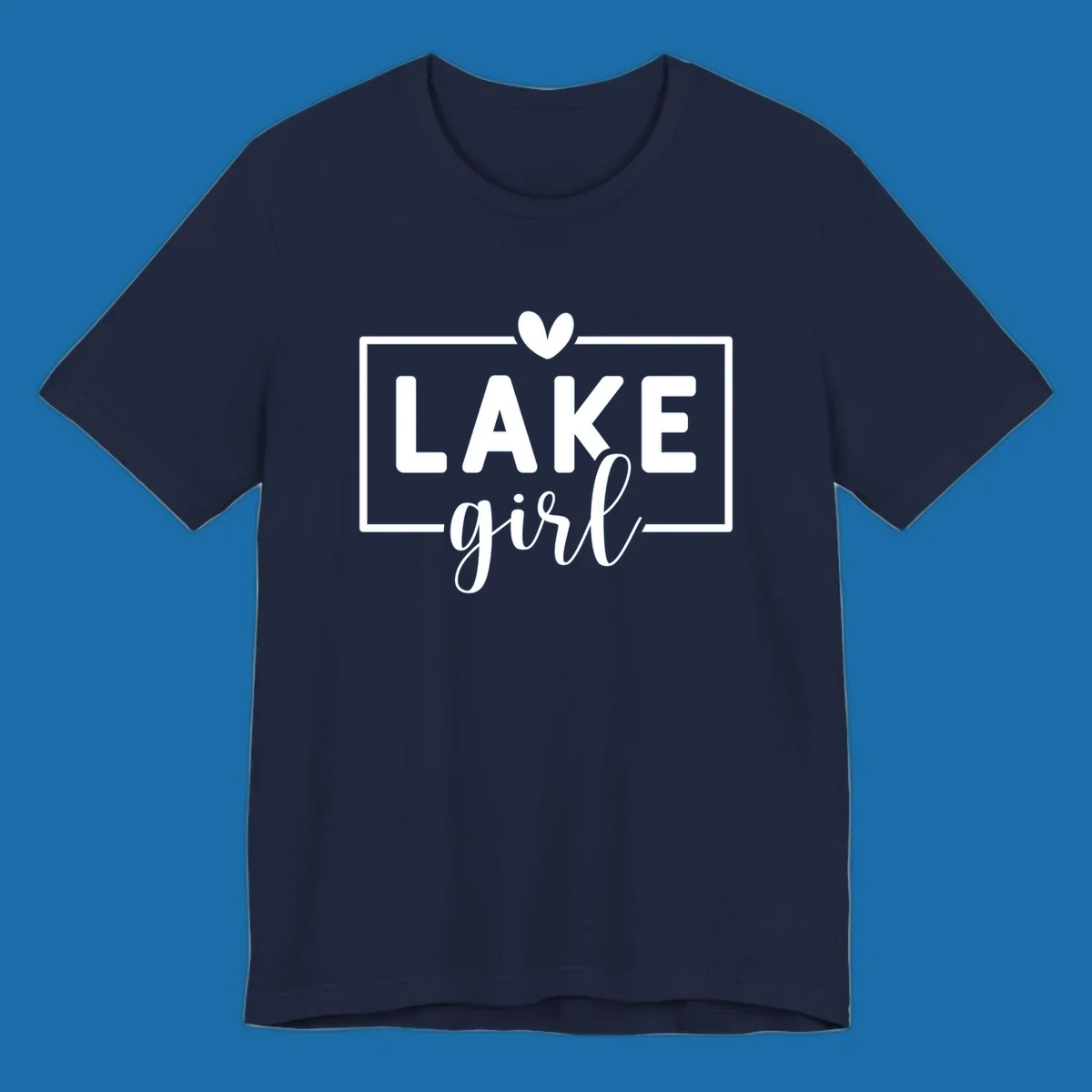 Lake girl text design with heart and border, in white on black background.