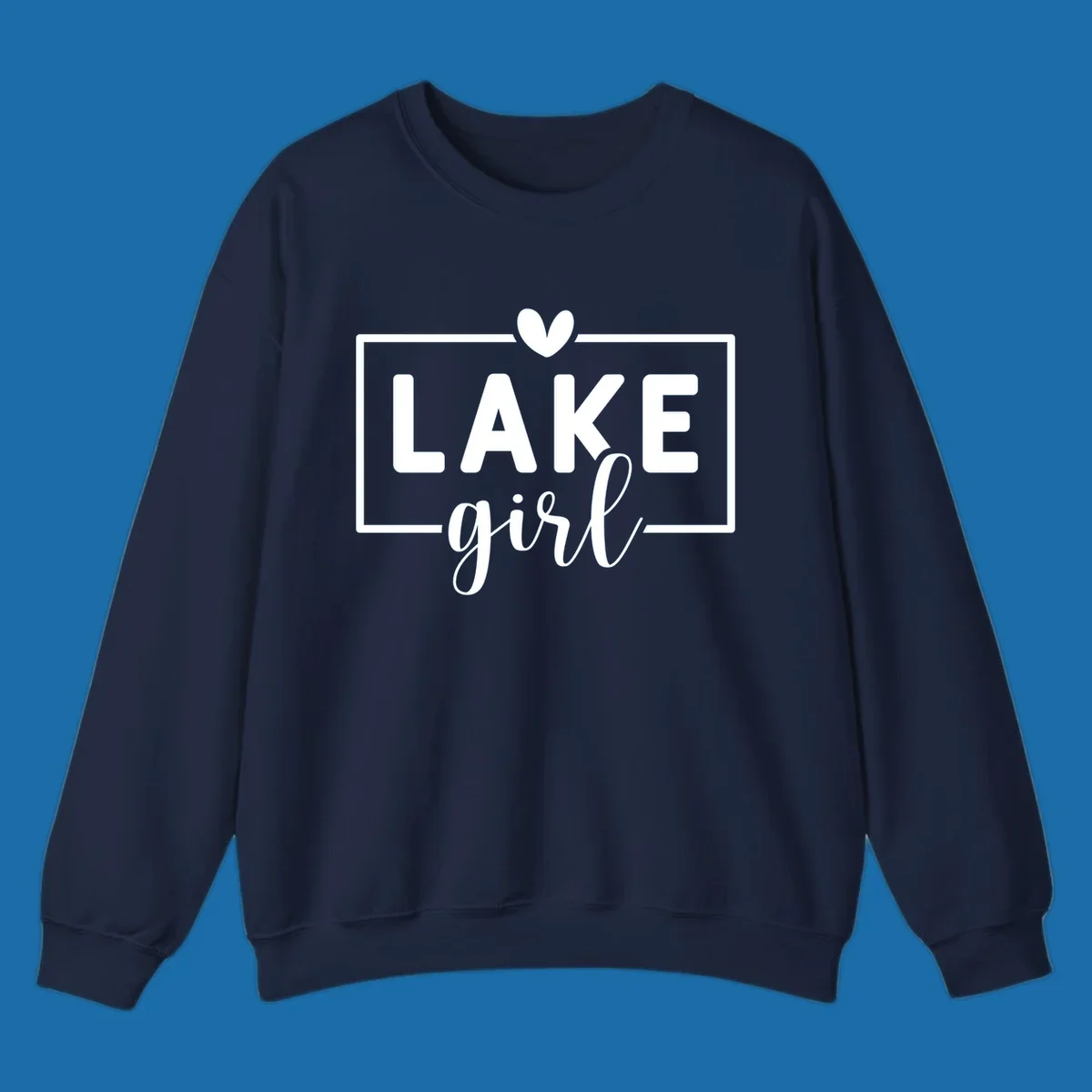 Lake girl text design with heart and border, in white on black background.