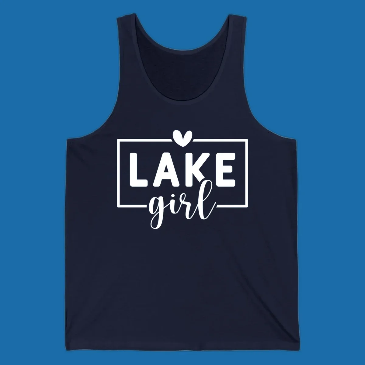 Lake girl text design with heart and border, in white on black background.