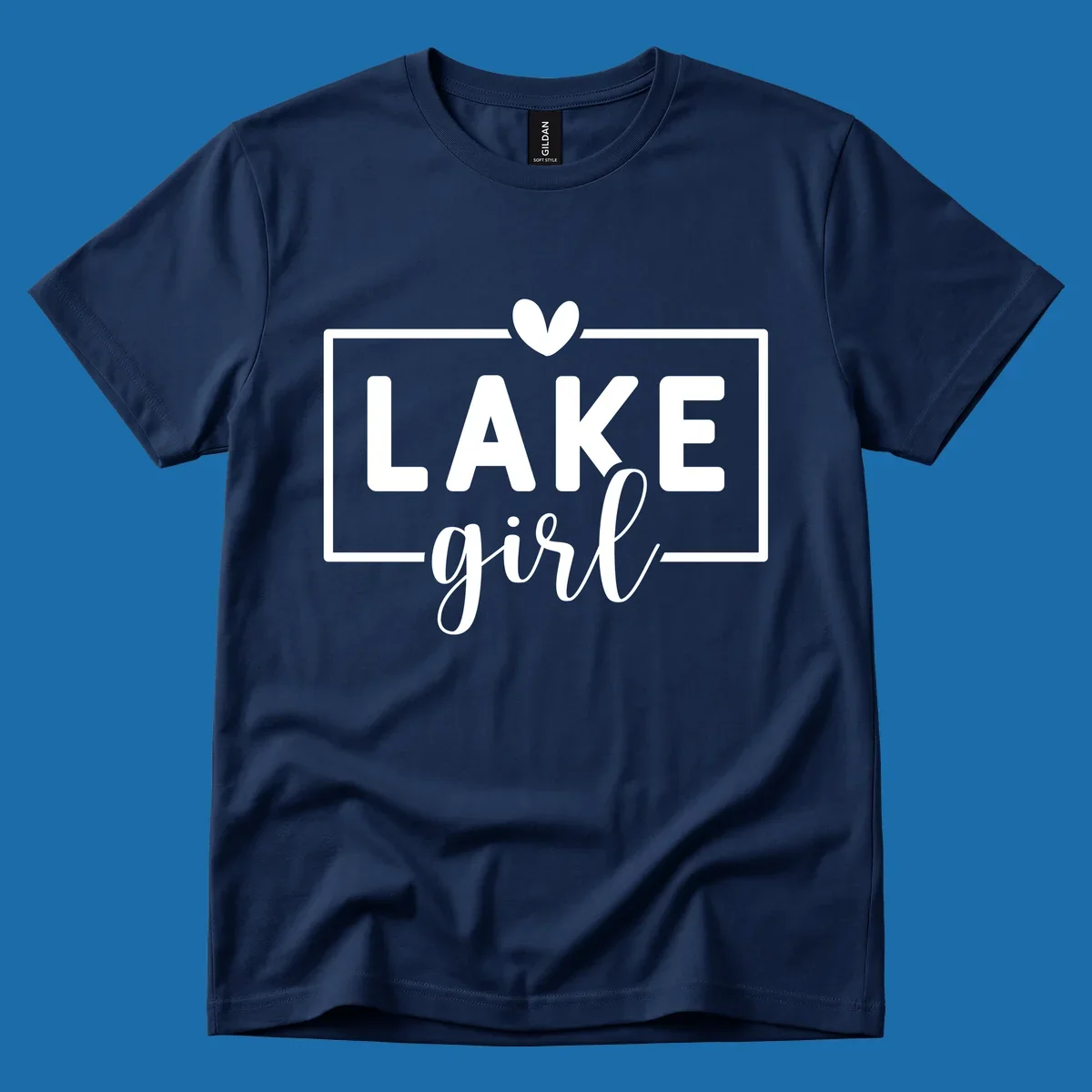 Lake girl text design with heart and border, in white on black background.