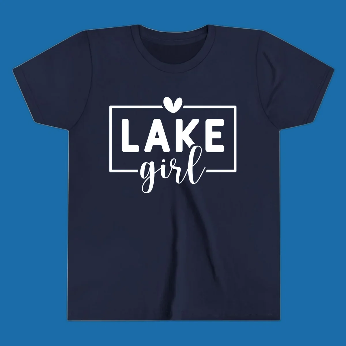 Lake girl text design with heart and border, in white on black background.