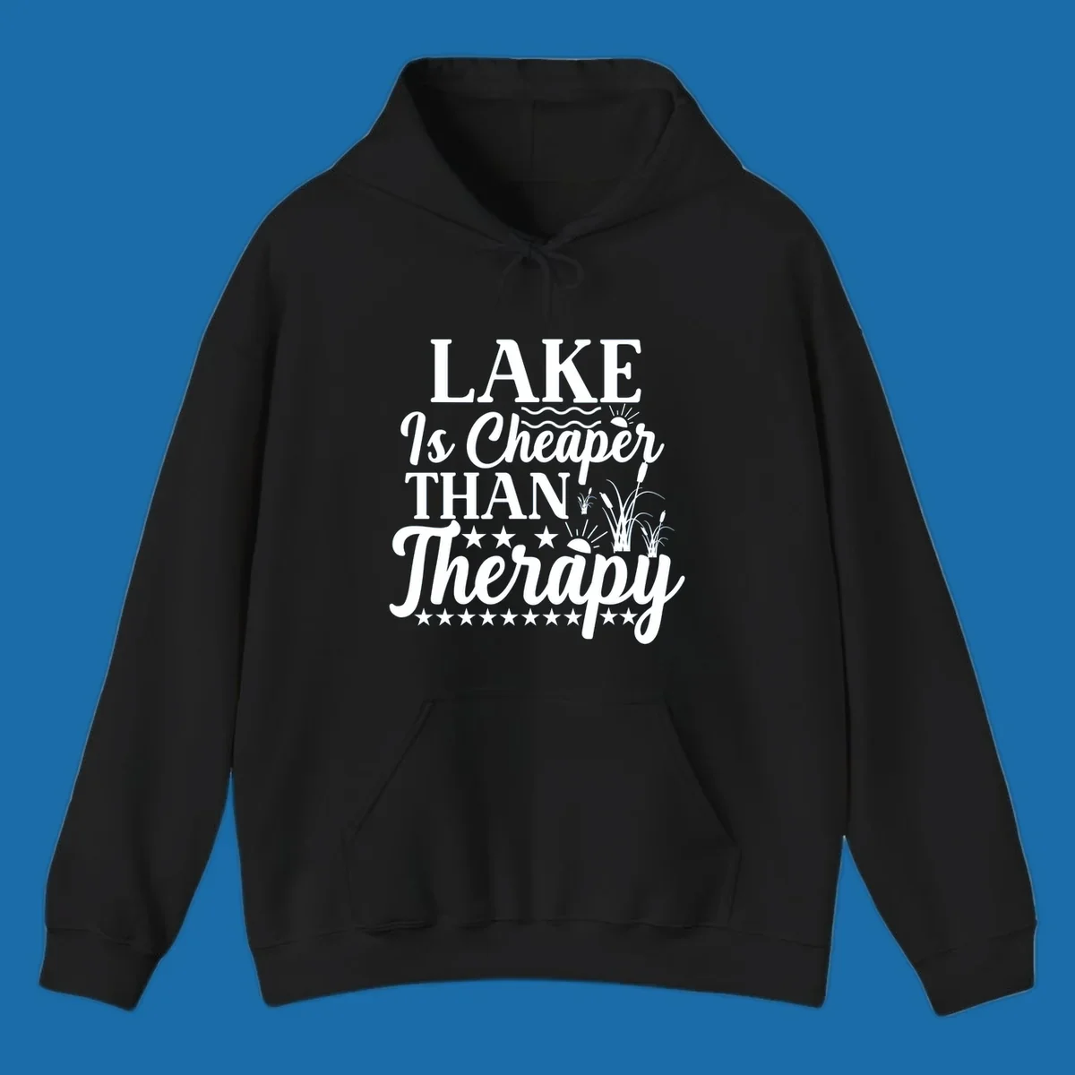 White text design 'LAKE Is Cheaper THAN Therapy' with lake elements for lake-therapy.