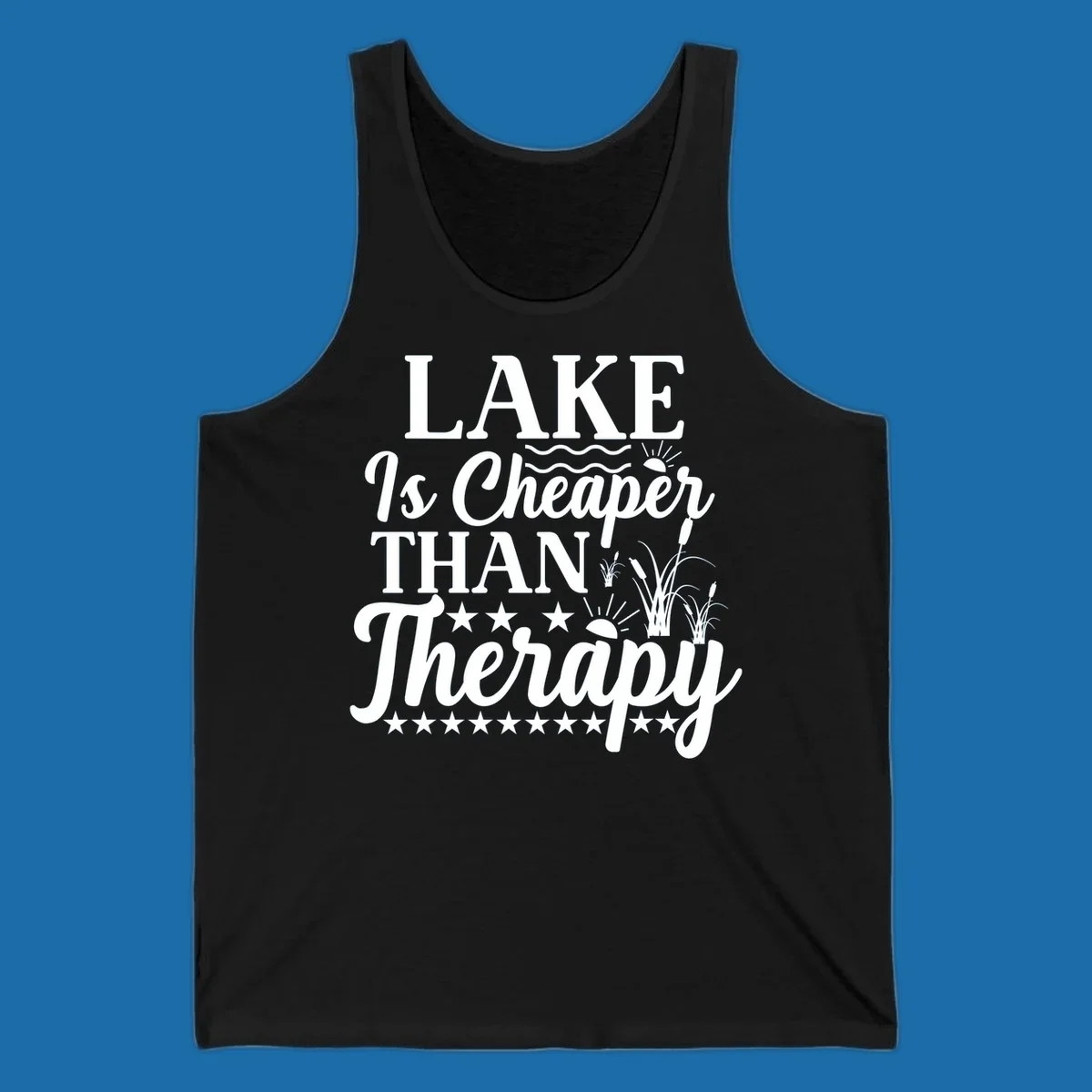 White text design 'LAKE Is Cheaper THAN Therapy' with lake elements for lake-therapy.