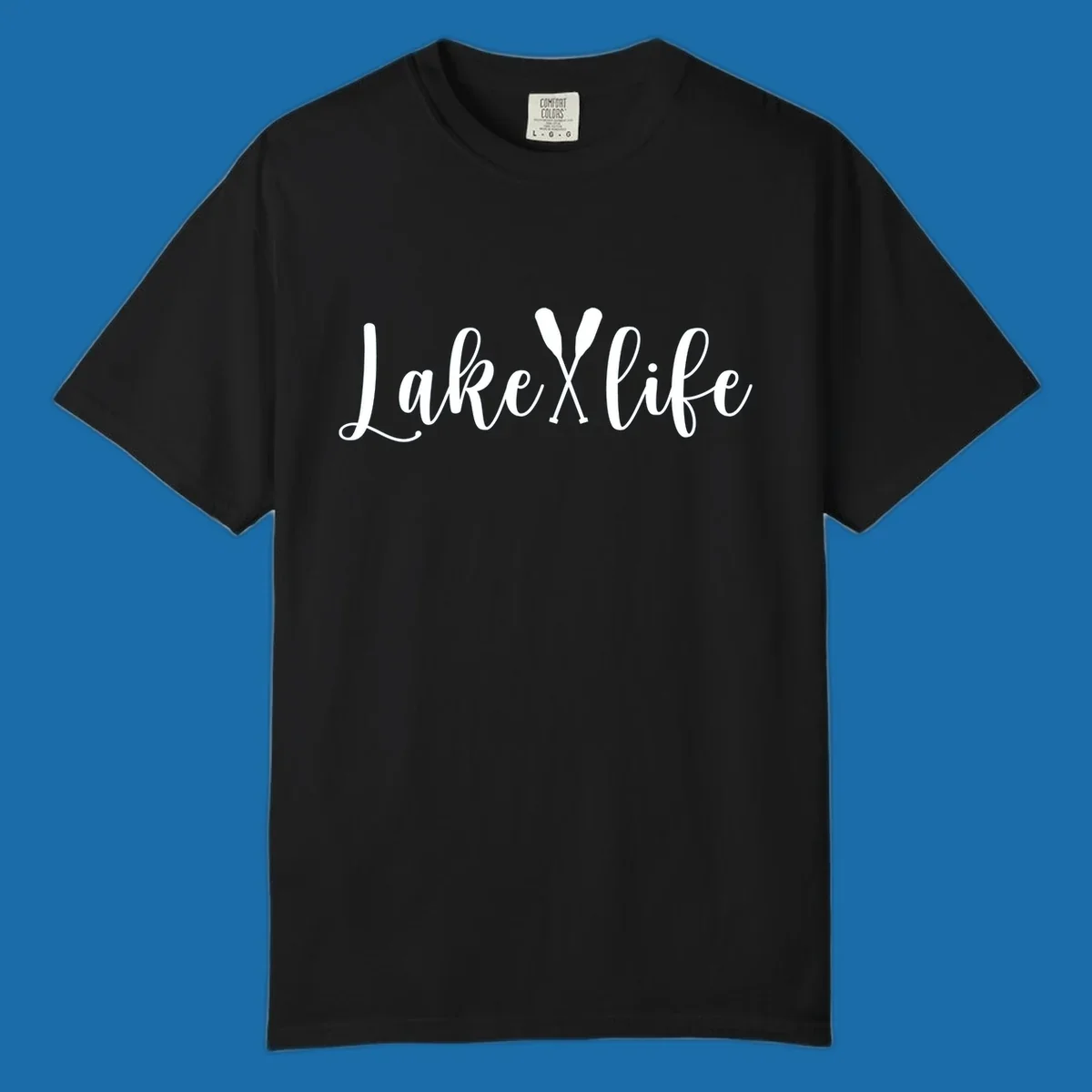 White text 'Lake Life' with crossed oars on a black background, representing lake-life-oars.