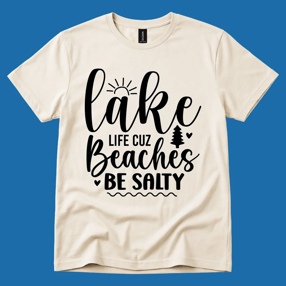Lake Life Cuzz Beaches Be Salty design with sun, tree, and hearts.