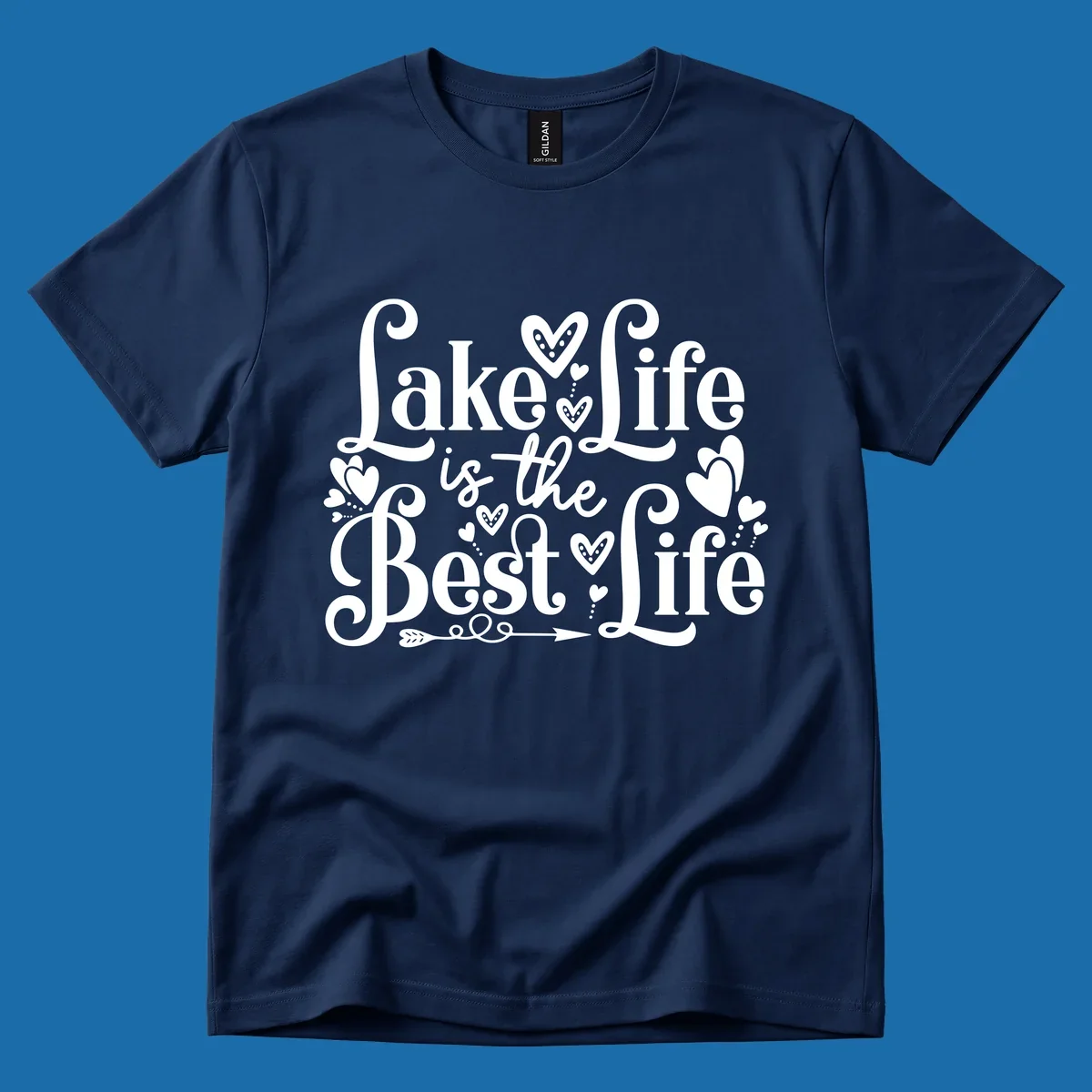 Lake Life Is The Best Life typography with heart and arrow accents.