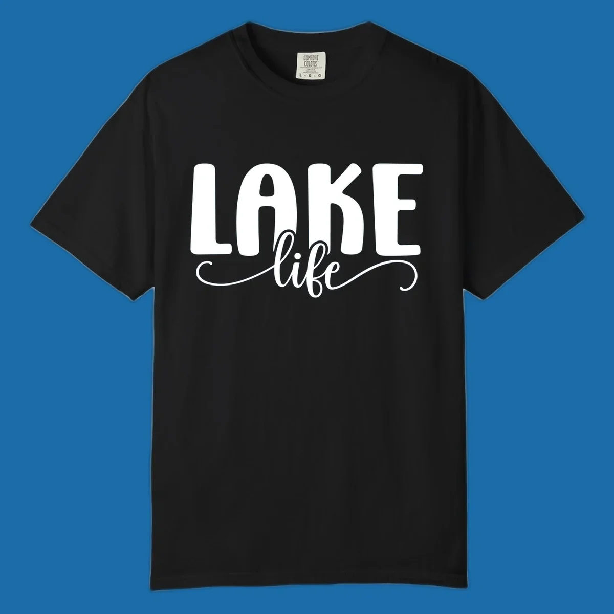 White typography design with 'LAKE' in bold block letters and 'life' in script, representing lake life.