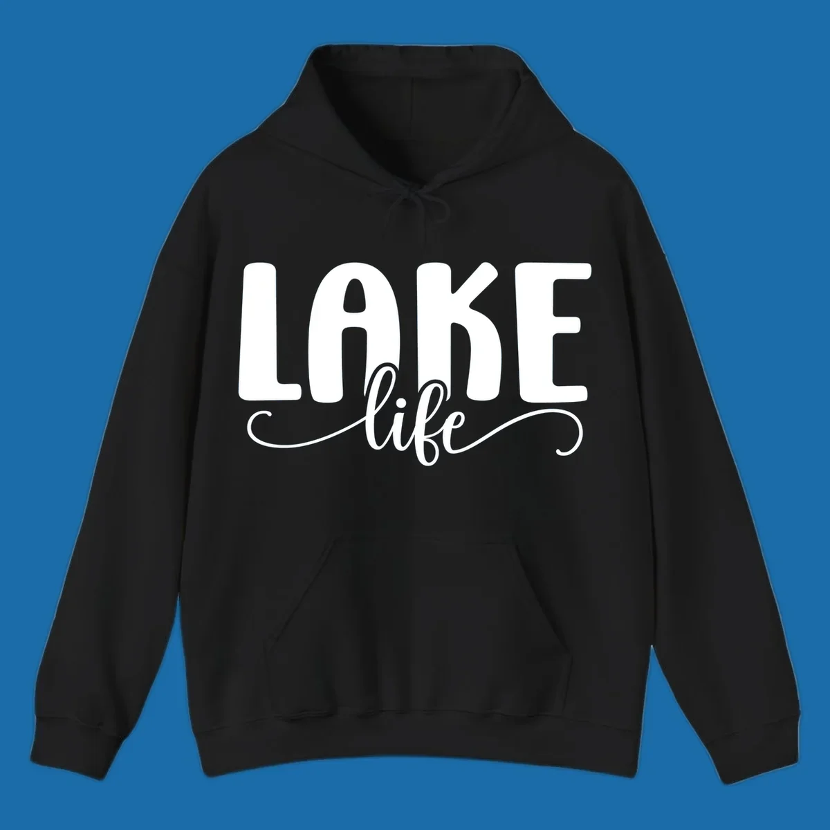 White typography design with 'LAKE' in bold block letters and 'life' in script, representing lake life.