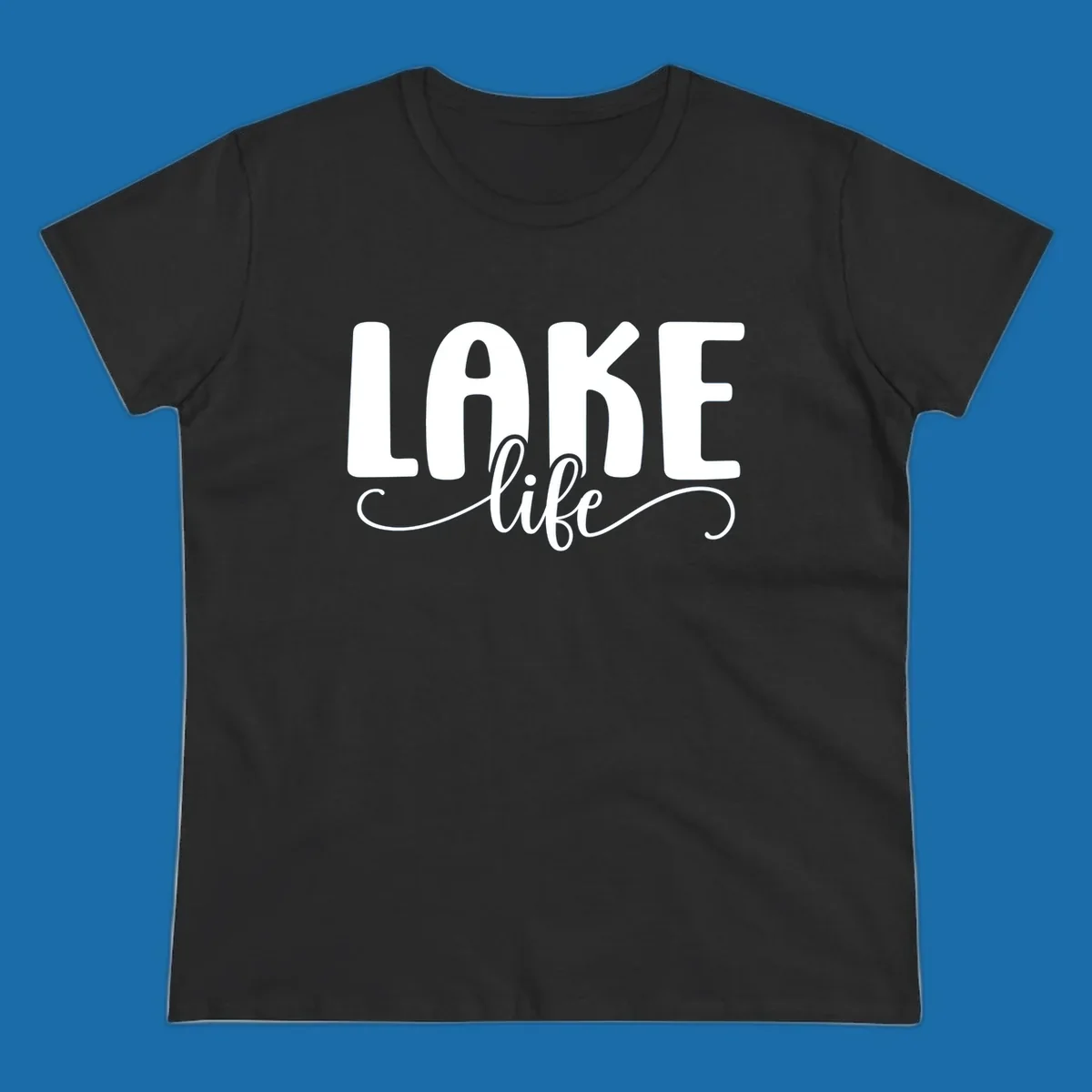 White typography design with 'LAKE' in bold block letters and 'life' in script, representing lake life.