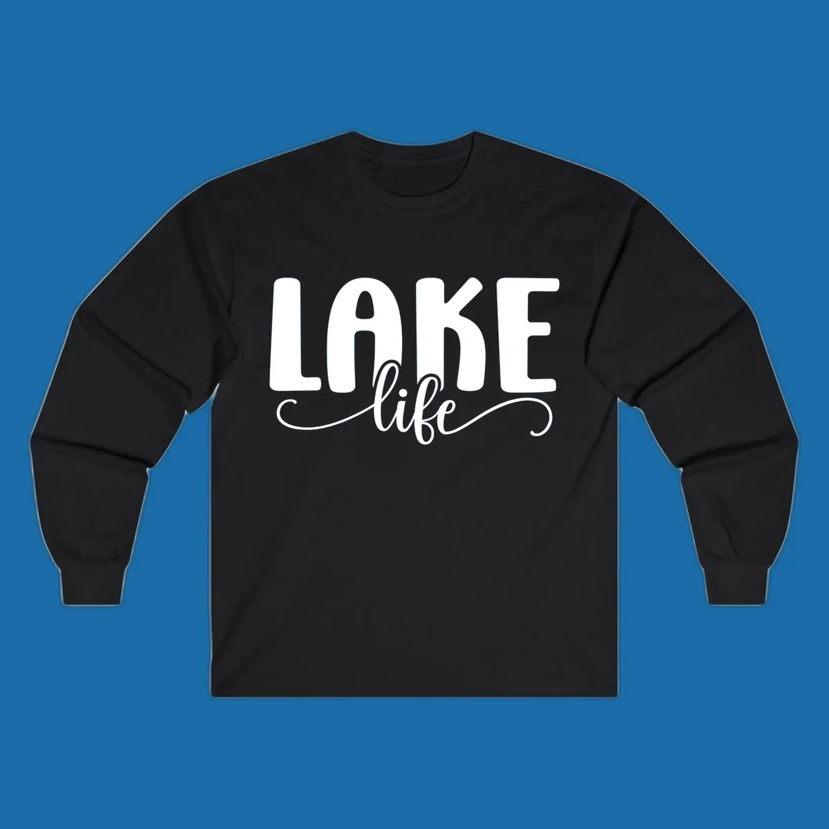 White typography design with 'LAKE' in bold block letters and 'life' in script, representing lake life.