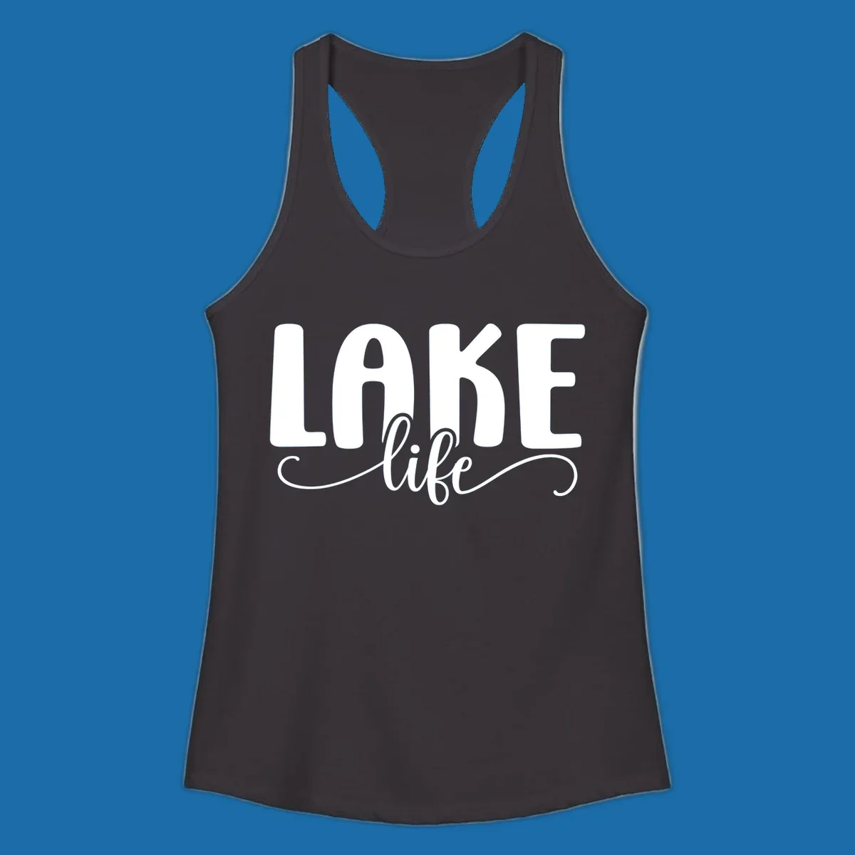 White typography design with 'LAKE' in bold block letters and 'life' in script, representing lake life.