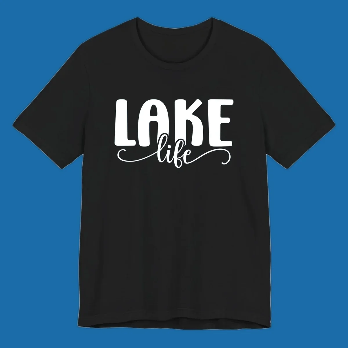 White typography design with 'LAKE' in bold block letters and 'life' in script, representing lake life.