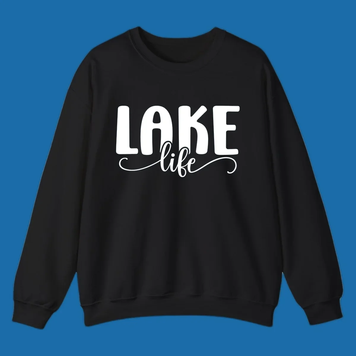 White typography design with 'LAKE' in bold block letters and 'life' in script, representing lake life.